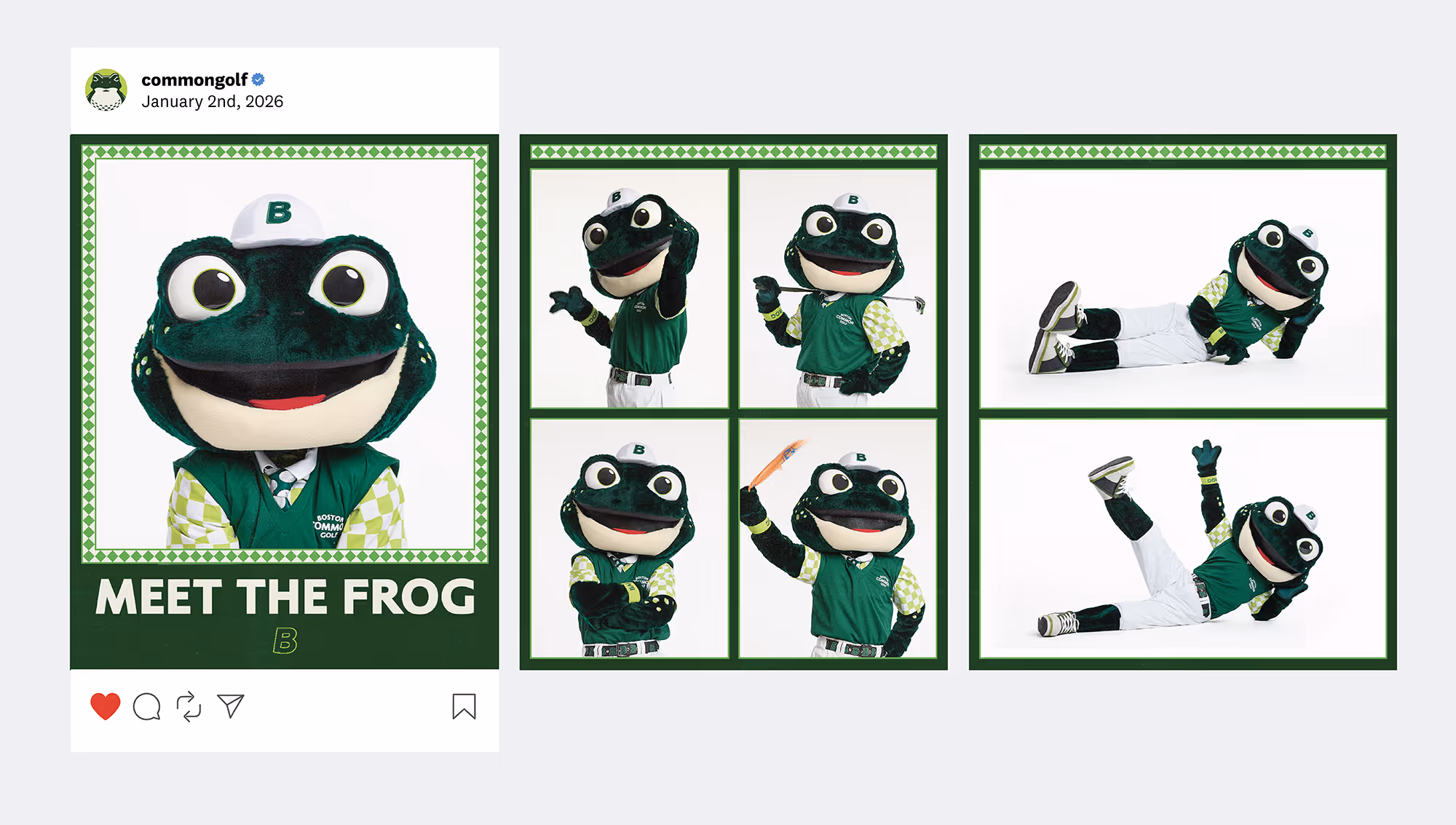 An instagram post for the release of a mascot frog wearing a green golf vest and white cap posing in various playful golf-themed stances.