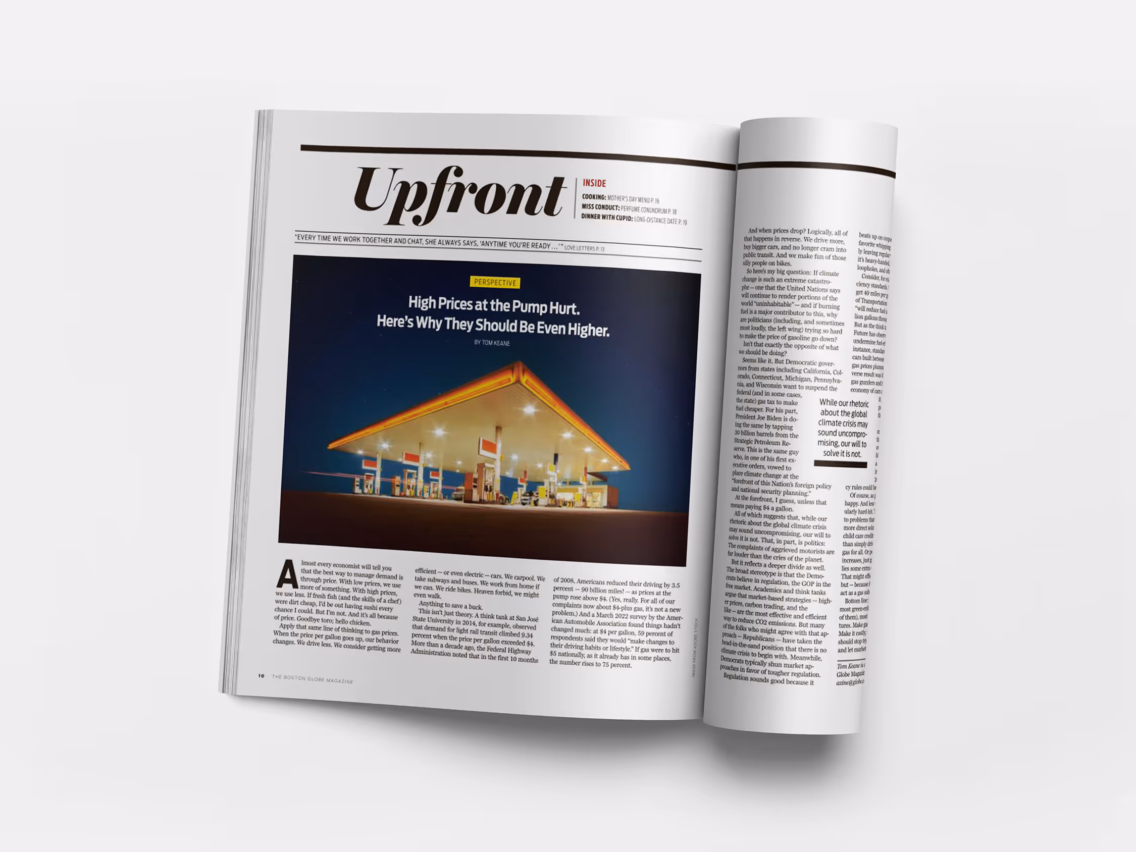 Open Boston Globe Magazine spread with an article titled 'High Prices at the Pump Hurt. Here’s Why They Should Be Even Higher.' featuring a nighttime photo of a gas station.