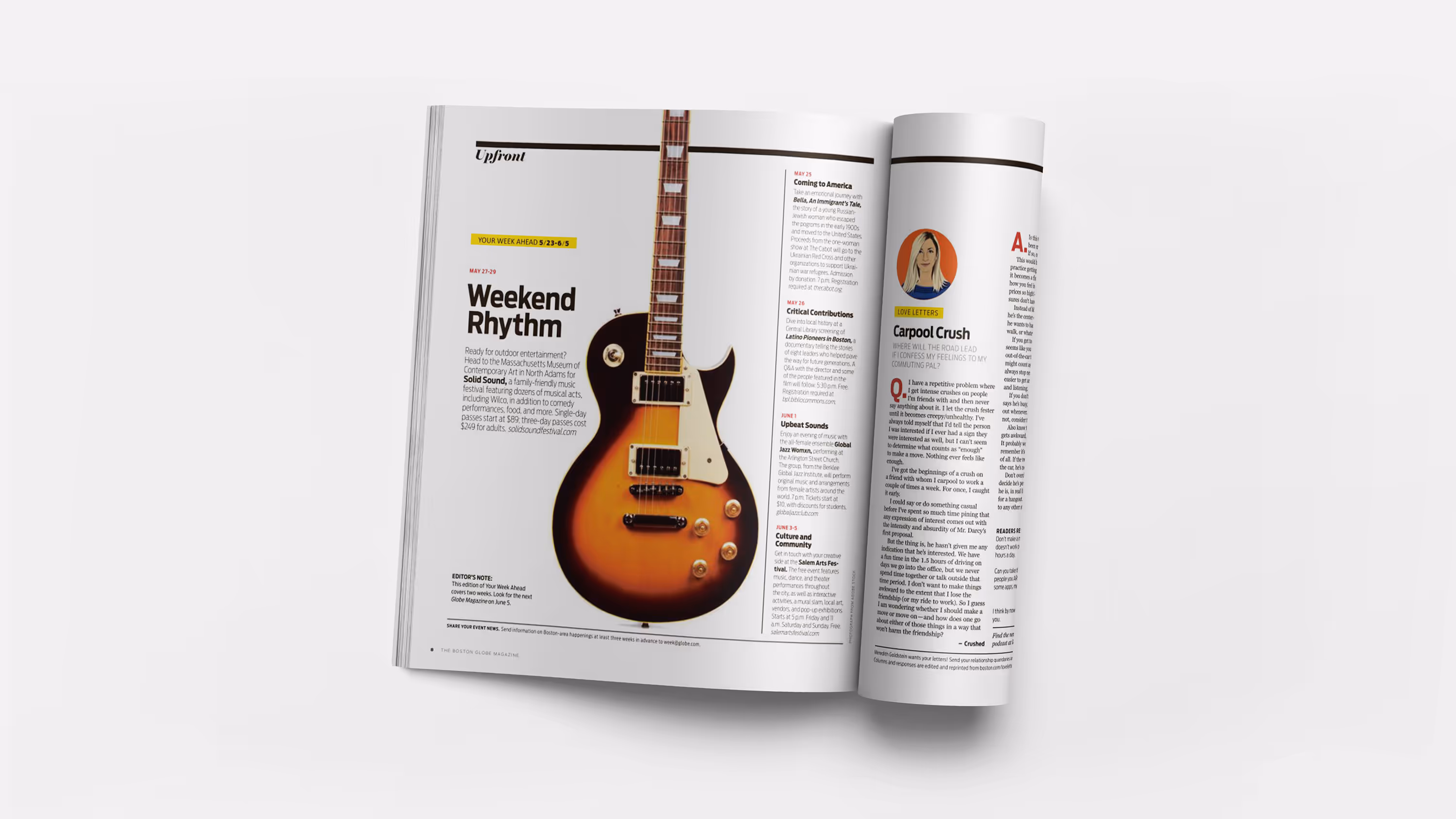 Open Boston Globe Magazine showing an article titled 'Weekend Rhythm' with a large image of an electric guitar and event listings on the right page.