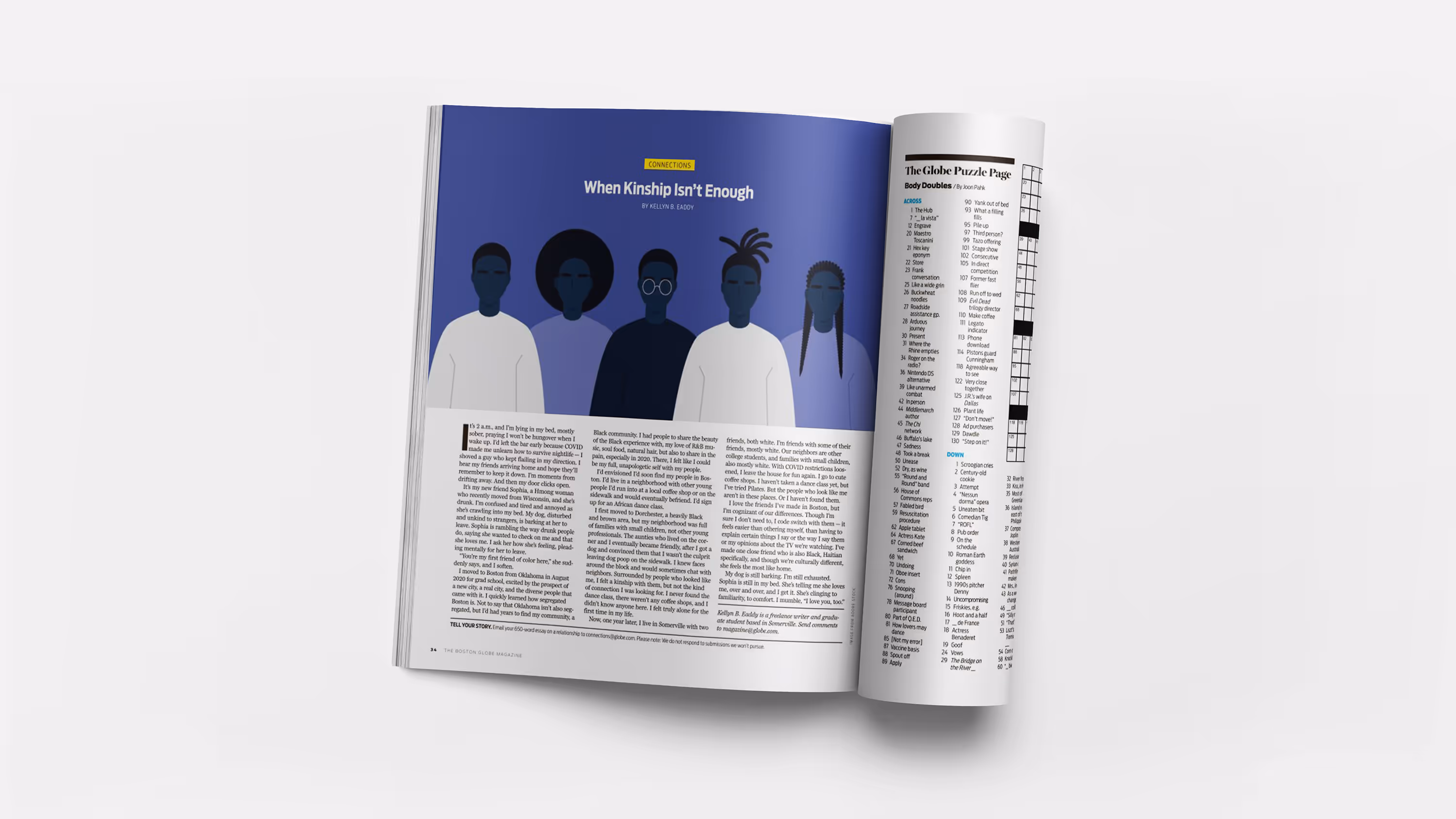 Open Boston Globe Magazine featuring an article titled 'When Kinship Isn’t Enough' with illustrated silhouettes of five people on a blue background and a crossword puzzle on the adjacent page.