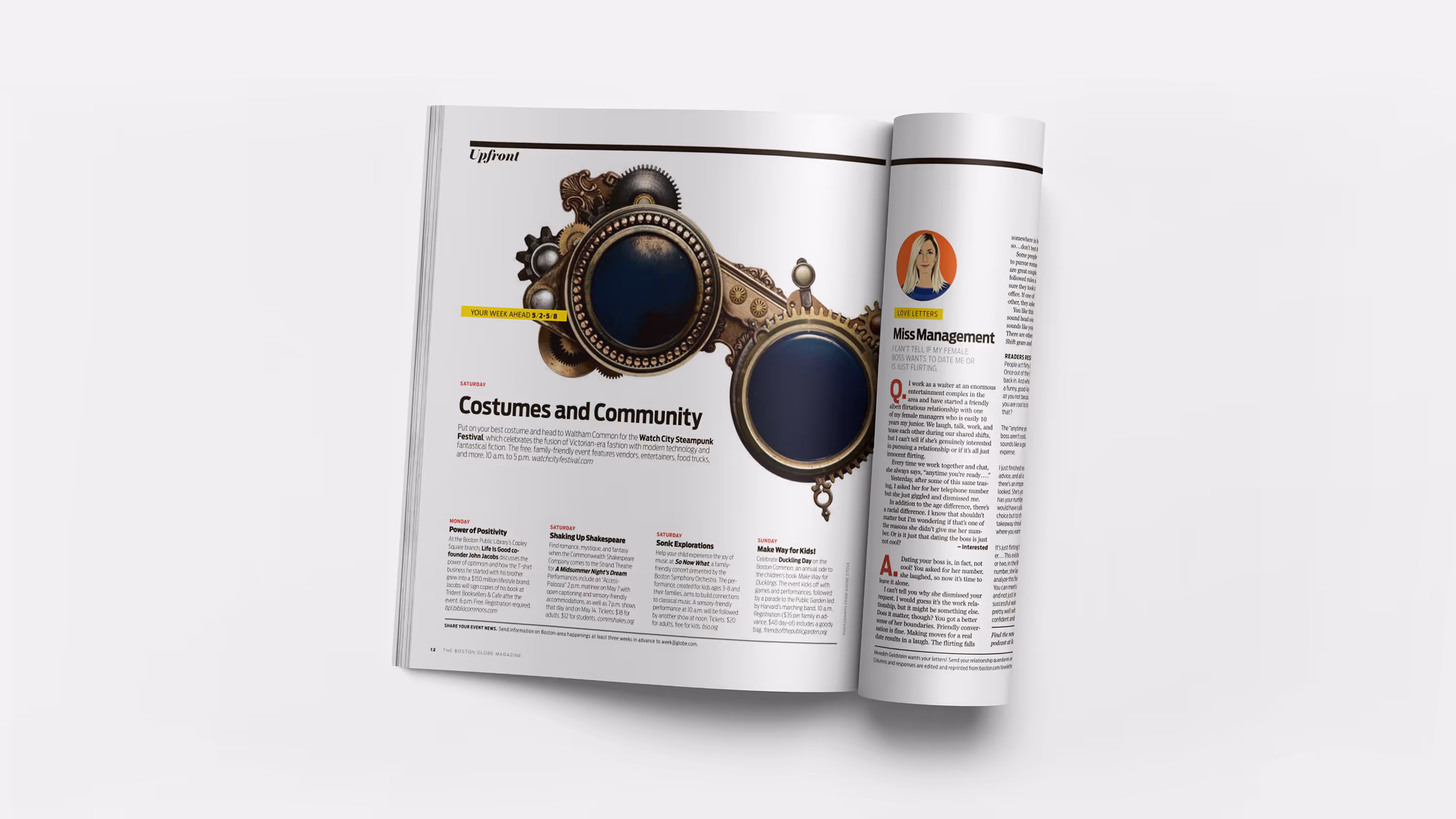 Open Boston Globe Magazine featuring an article titled 'Costumes and Community' with a large steampunk-style goggles illustration and a column titled 'Miss Management' with a woman's portrait.