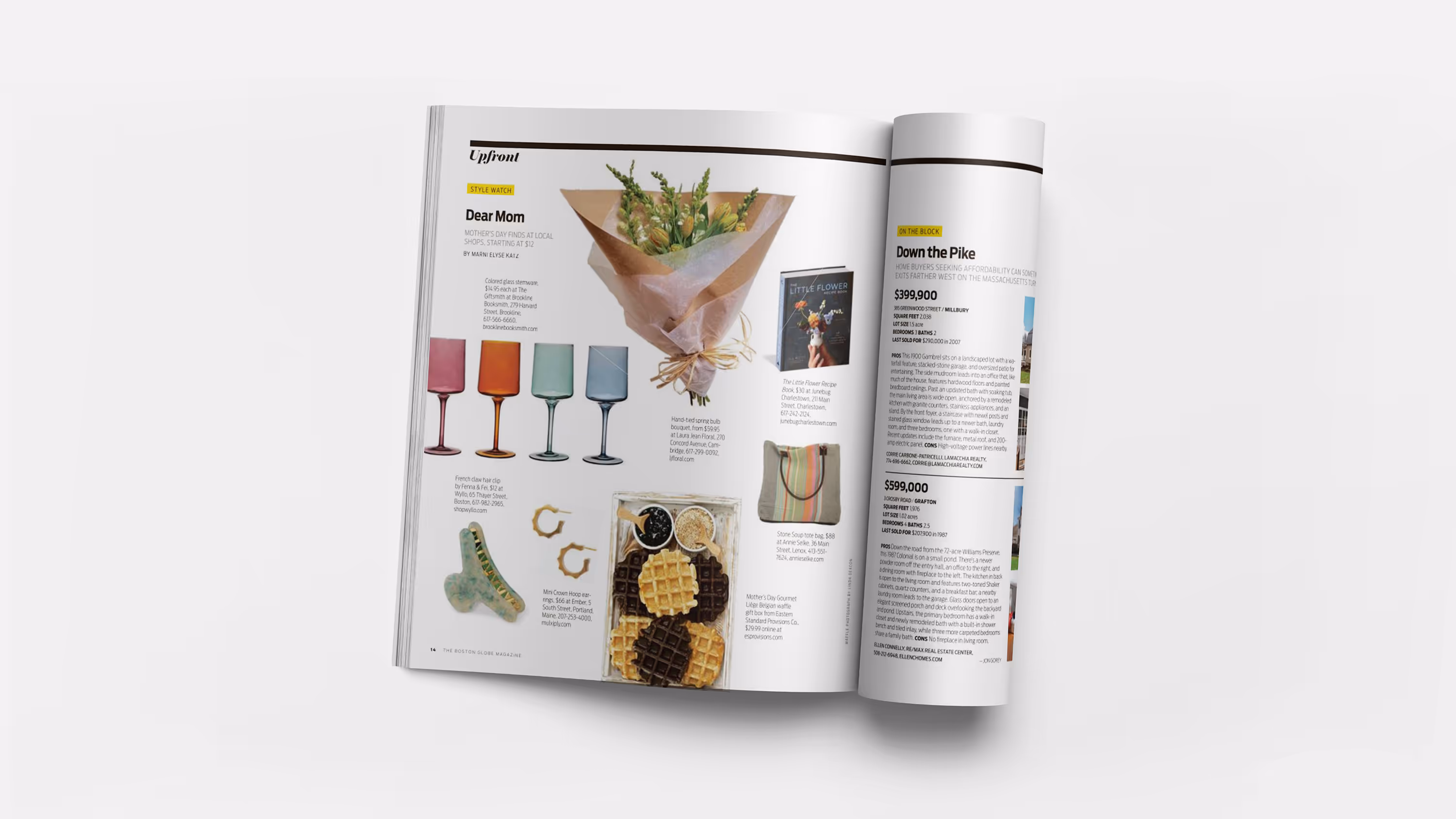 Open Boston Globe Magazine featuring Mother's Day gift ideas including colorful glassware, spring bouquet, earrings, waffle gift box, and a tote bag.