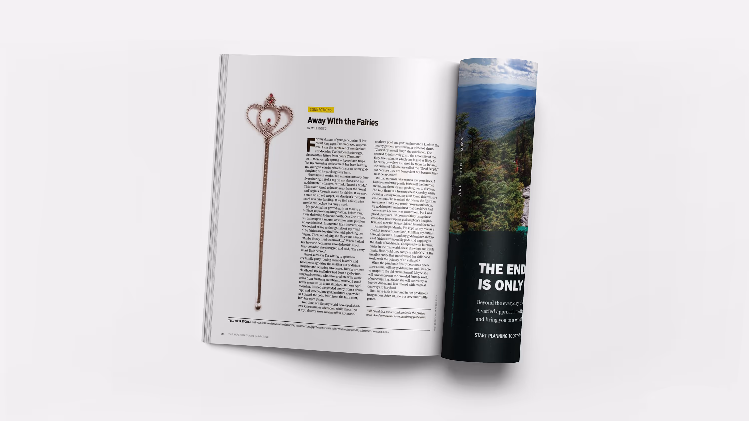 Open Boston Globe Magazine showing an article titled 'Away With the Fairies' with an image of a beaded fairy crown wand on the left page and an ad on the right page.