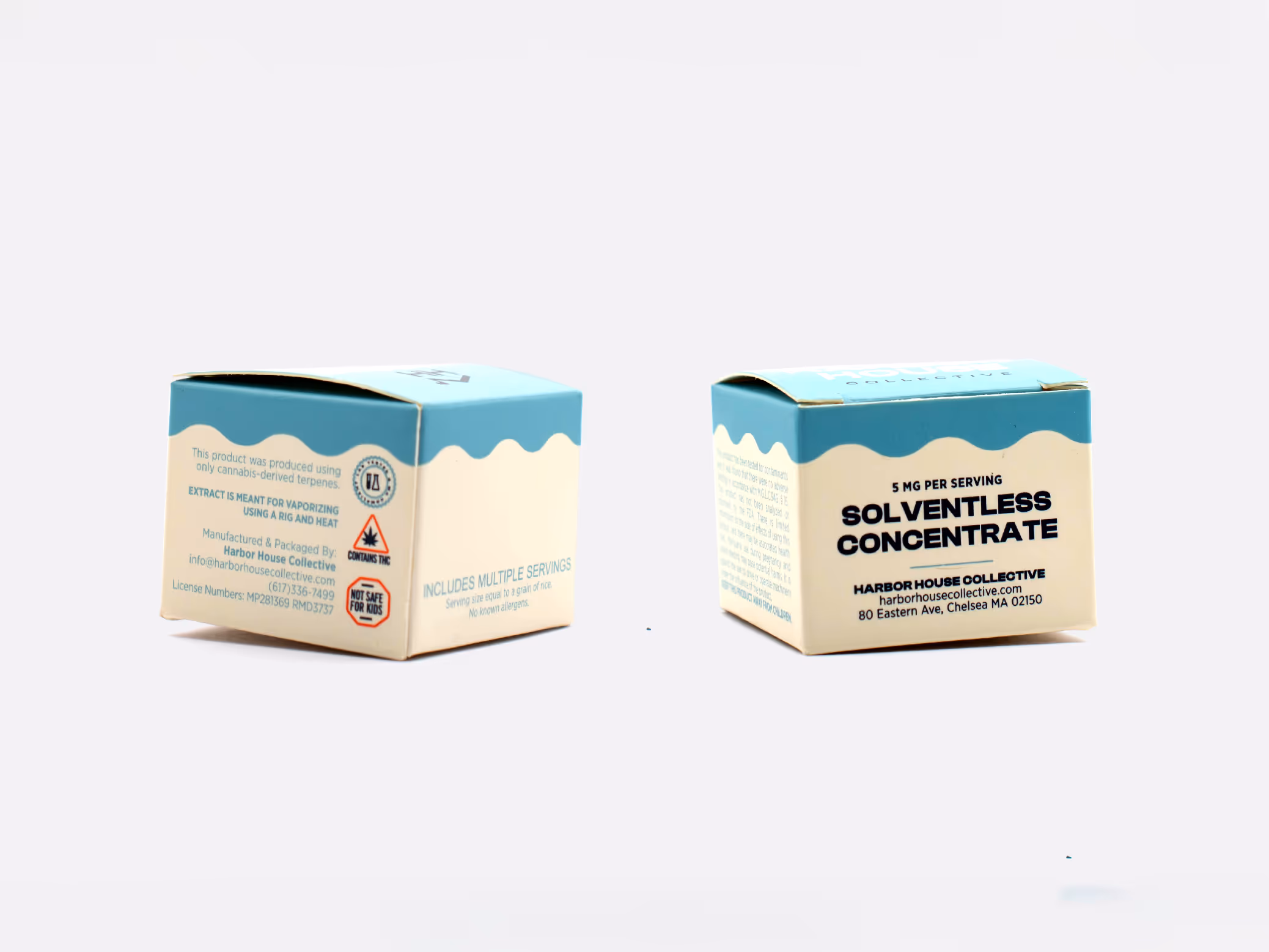 Two small blue and cream boxes labeled Solventless Concentrate with product details and warnings from Harbor House Collective.