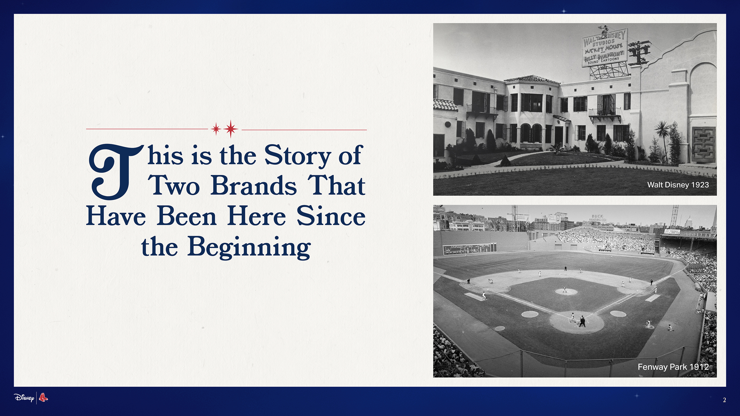 Title slide with text 'This is the Story of Two Brands That Have Been Here Since the Beginning' alongside black and white photos of Walt Disney Studios 1923 and Fenway Park 1912.