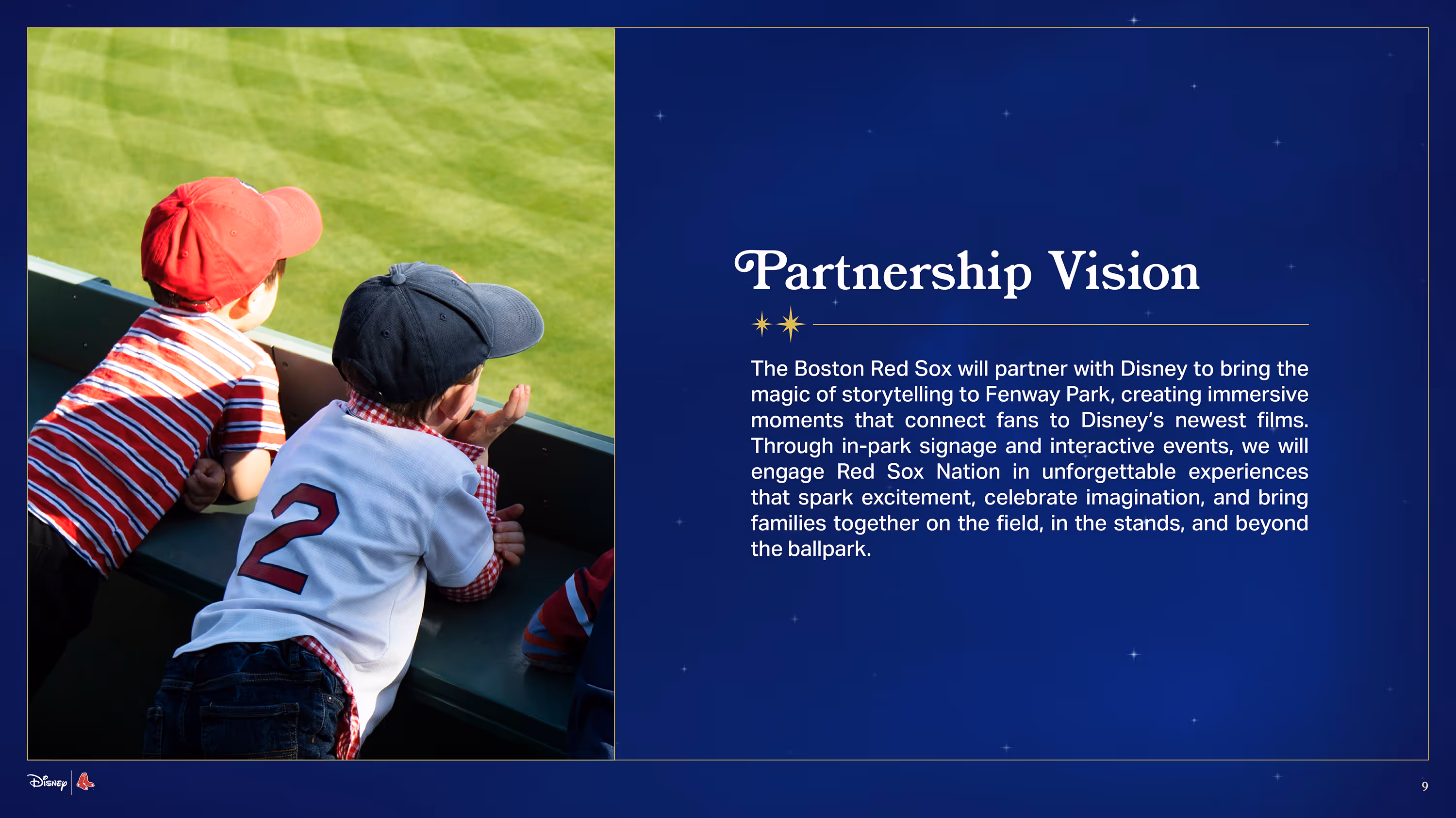 Two young children wearing baseball caps lean over a railing watching a baseball field, alongside the title "Partnership Vision" and text about Boston Red Sox partnering with Disney to create immersive storytelling experiences at Fenway Park.