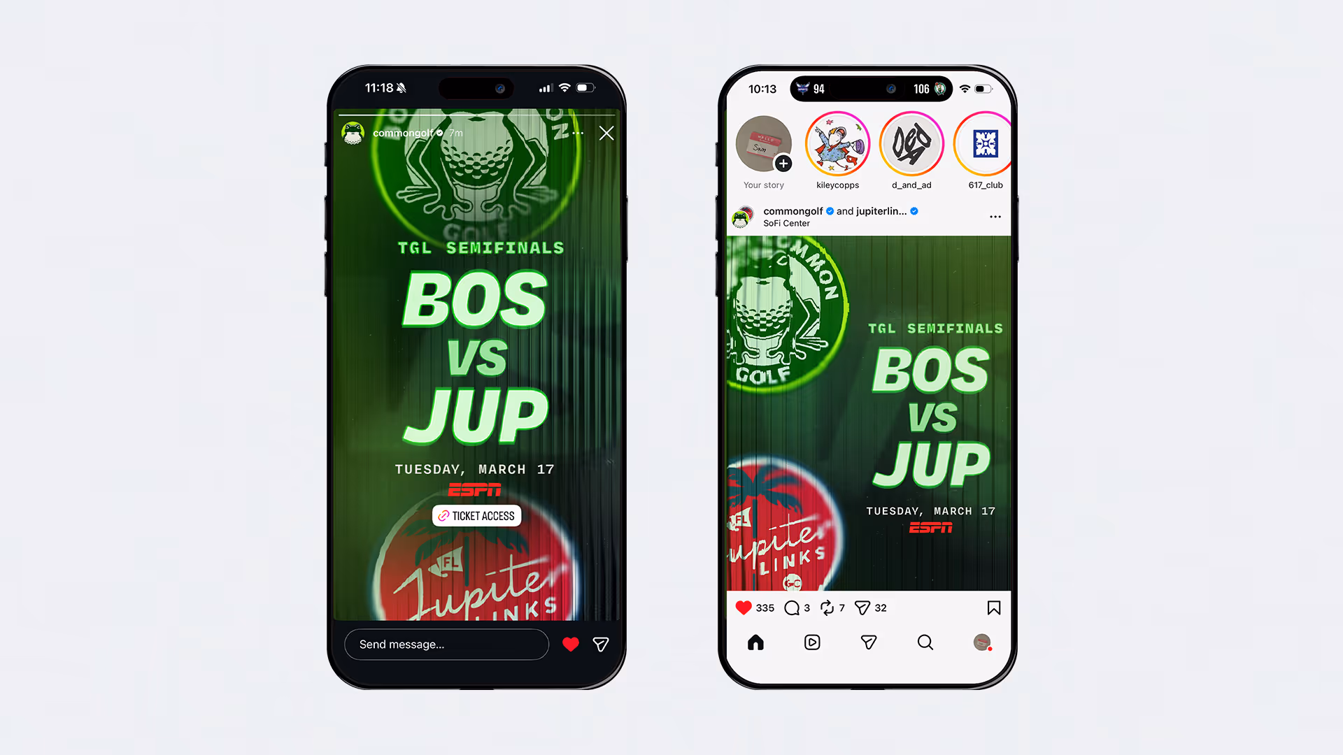 Two smartphones displaying Common Golf social media posts promoting TGL Semifinals BOS vs JUP on Tuesday, March 17, with logos of Common Golf and Jupiter Links.