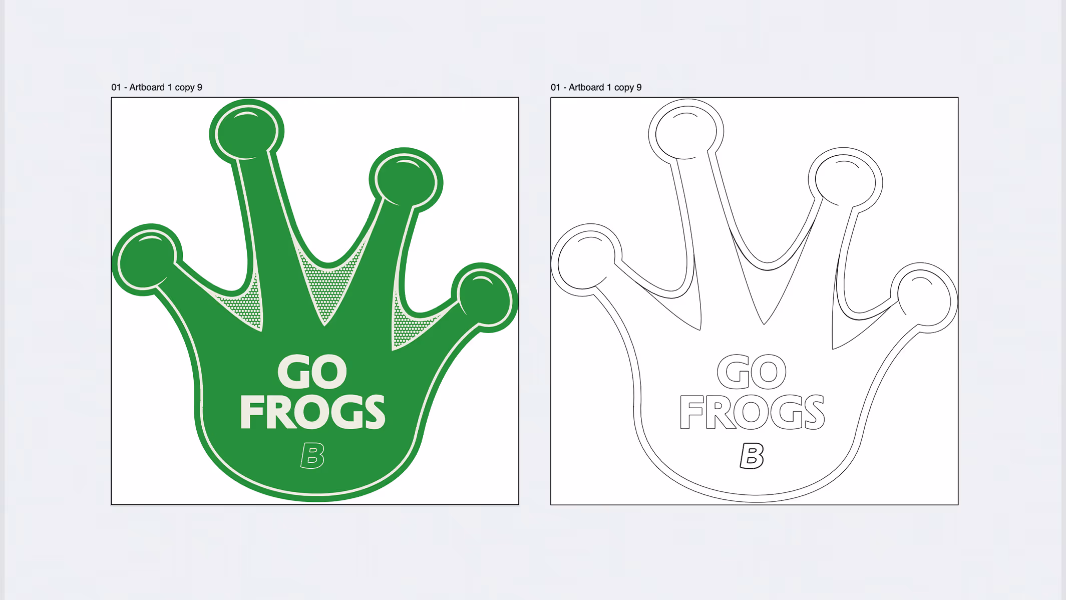 Two frog foot shaped designs on Adobe Illustrator artboards with the text 'GO FROGS' and the letter 'B' below, one in solid green and the other in black-and-white outline.