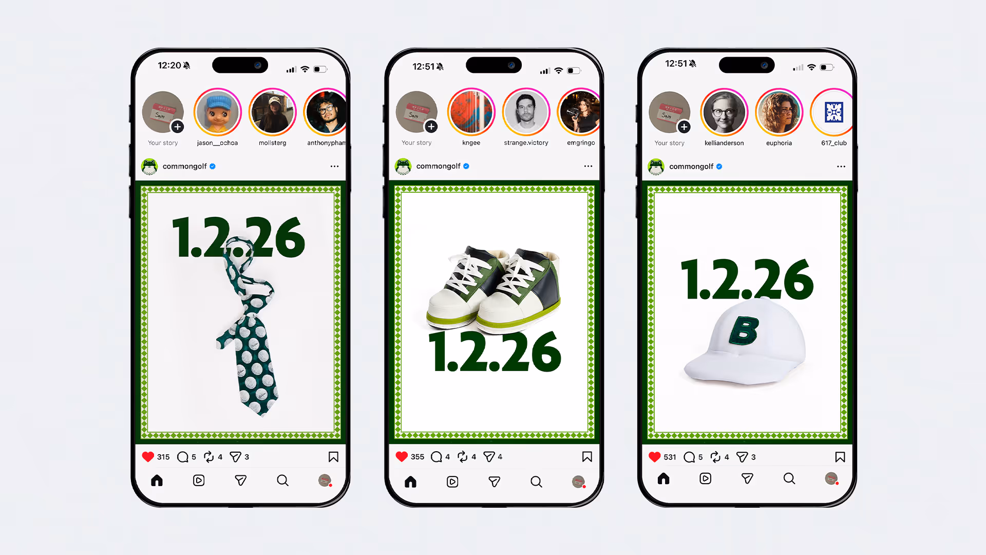 Three smartphone screens showing Instagram posts from commongolf with images of a golf ball-patterned tie, golf shoes, and a white golf cap with a green B, all featuring the text 1.2.26 in green.