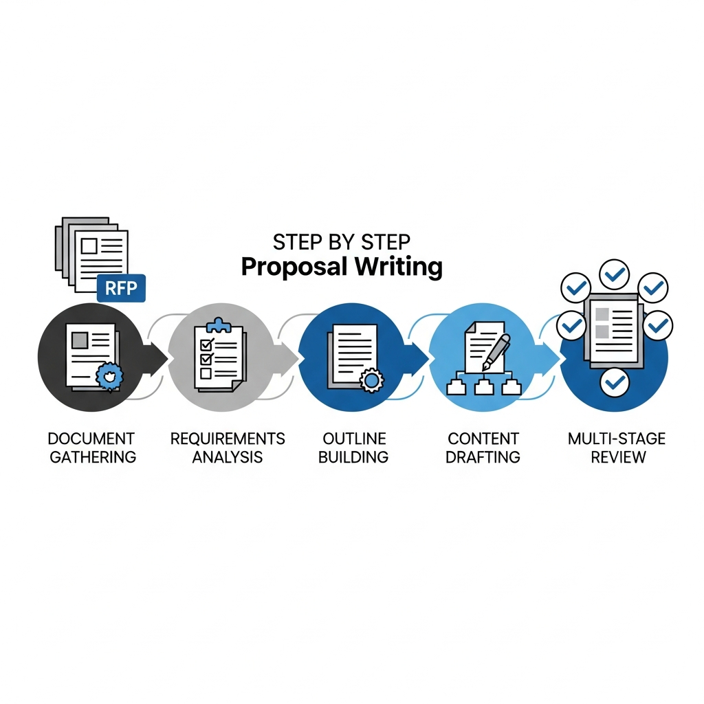 A professional infographic-style illustration showing the step-by-step proposal writing process workflow. Display a horizontal or circular flow diagram with 5 connected stages: 1) Document gathering with RFP icon, 2) Requirements analysis with checklist, 3) Outline building with document structure, 4) Content drafting with writing icon, and 5) Multi-stage review with approval checkmarks. Use clean, modern business graphics with blue and gray color scheme. Professional, minimalist style suitable for government contracting context.