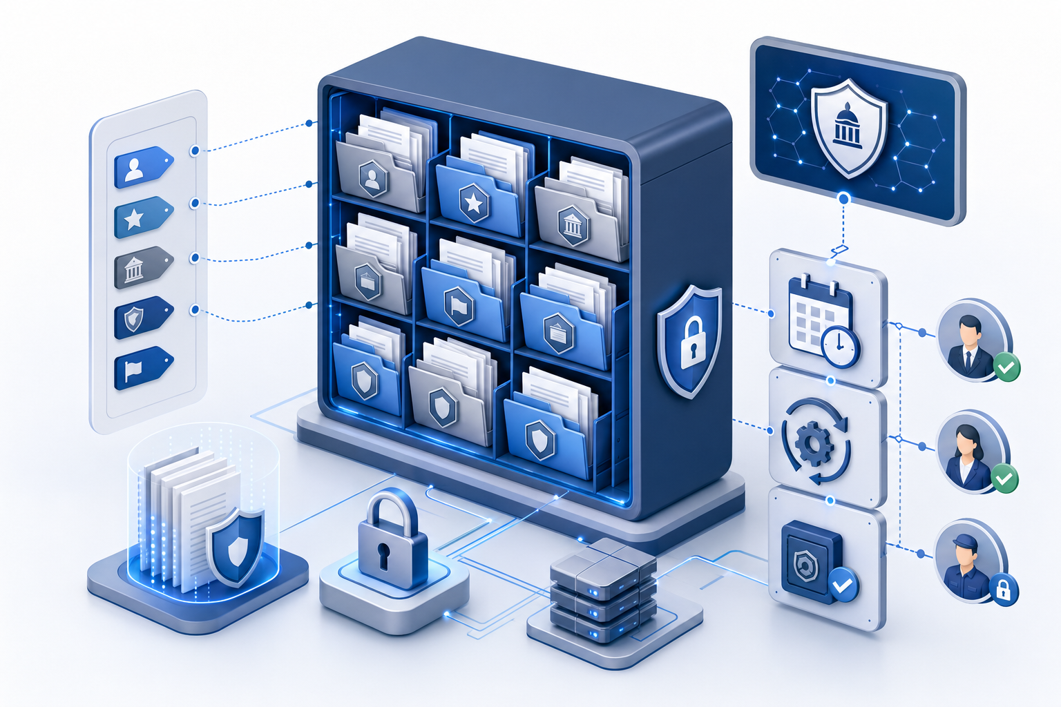 A professional diagram showing document management and data security concept: a secure digital document library with labeled folders organized by metadata tags, security shields representing CUI protection, retention policy icons with automated scheduling symbols, and access control indicators. Modern corporate aesthetic with blue and gray tones, isometric perspective, clean minimal style, representing government contractor data compliance and organization.