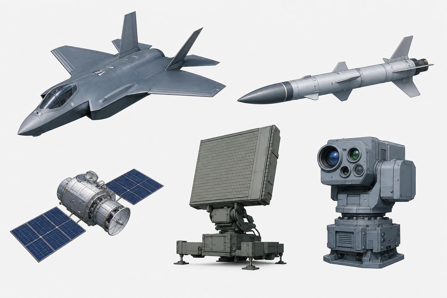 Professional illustration showing a collection of defense-related items representing ITAR-controlled categories: military aircraft, guided missile, spacecraft, radar system, and fire control equipment. Clean, technical diagram style with blue and gray color scheme. Items arranged in an organized grid layout against a neutral background. No text or labels.