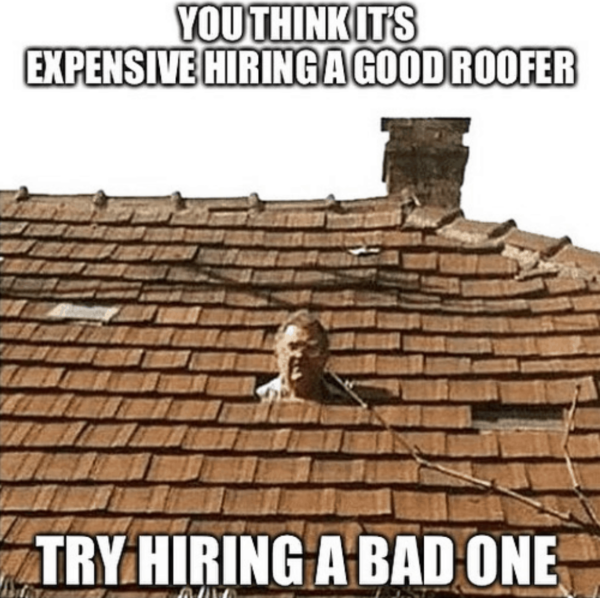 a bad roofer falls through the roof of a house with his head sticking out