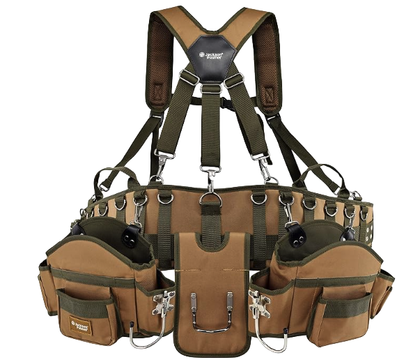 A roofing tool belt with many pockets and straps
