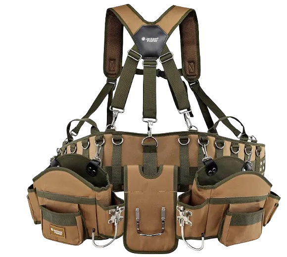 A roofing tool belt with many pockets and straps