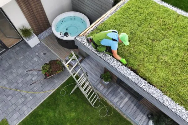 Roofer working on a residential green roof