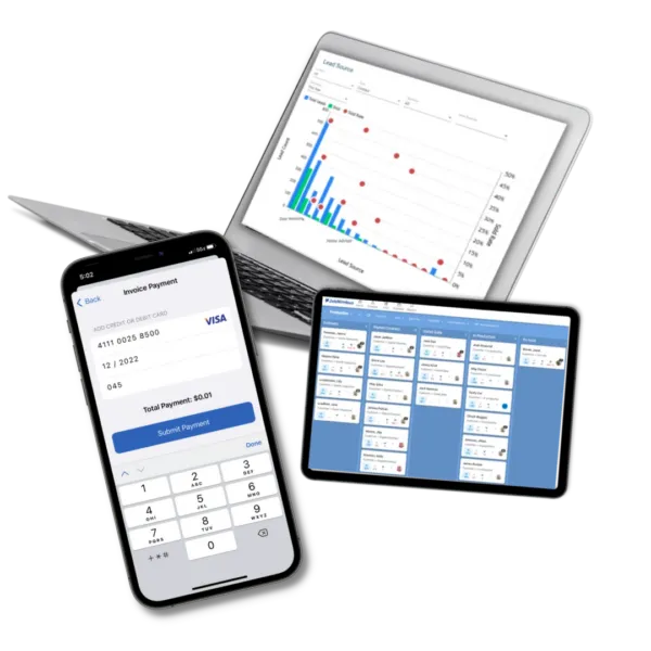 JobNimbus on a laptop, tablet, and mobile phone