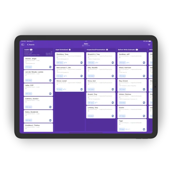 The Board view of JobNimbus