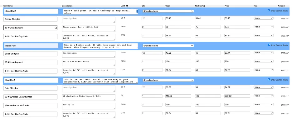 Roofing good better best estimate template