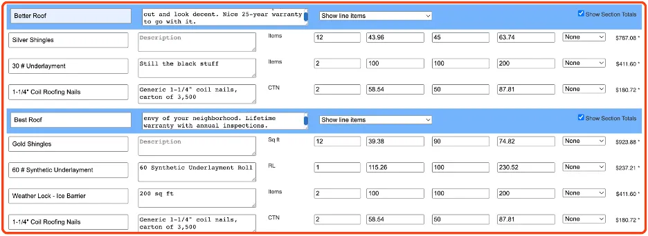 Template for good better best roofing estimate, including better and best items