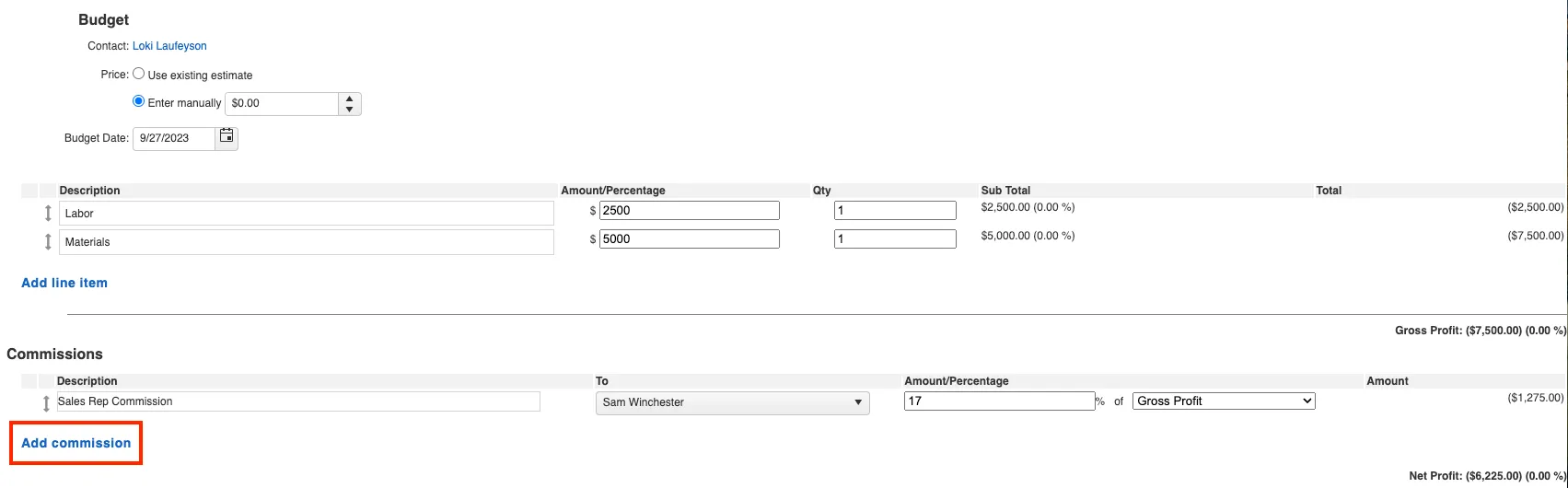 Adding a commission to a roofing budget