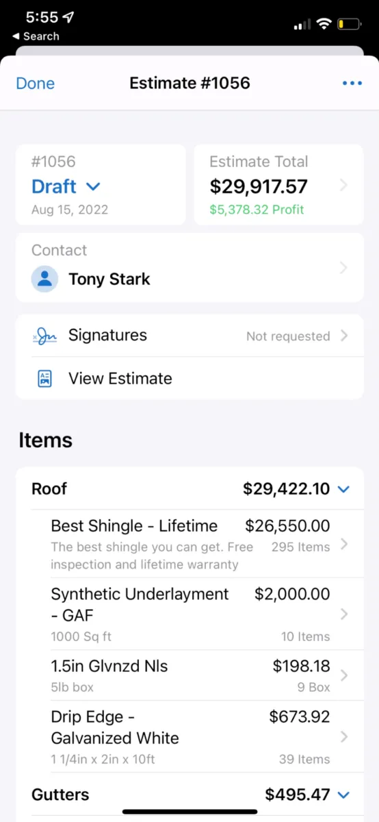 JobNimbus estimate details on a mobile phone