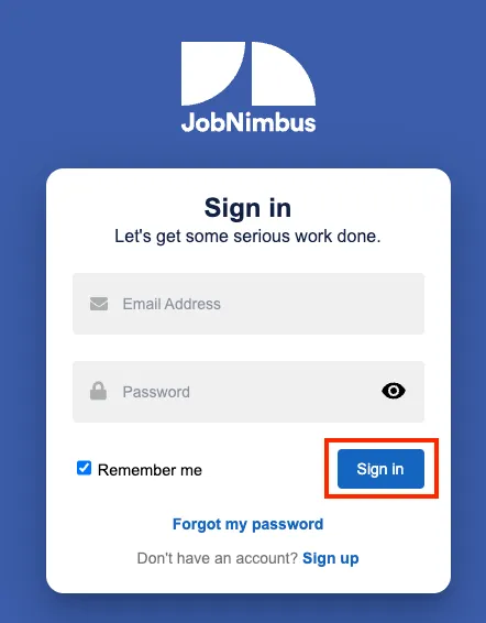 The JobNimbus login screen highlighting the Sign In button