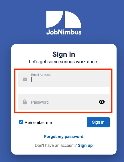 The JobNimbus login screen highlighting the username and password boxes