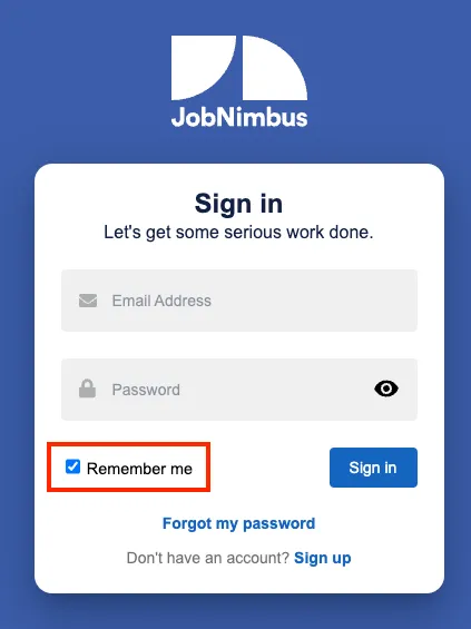 The JobNimbus sign in screen highlighting the remember me checkbox