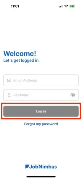 The JobNimbus mobile app login screen highlighting the Log in button