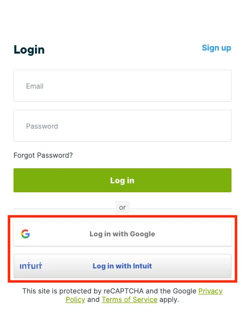 Jobber Google and Intuit login options