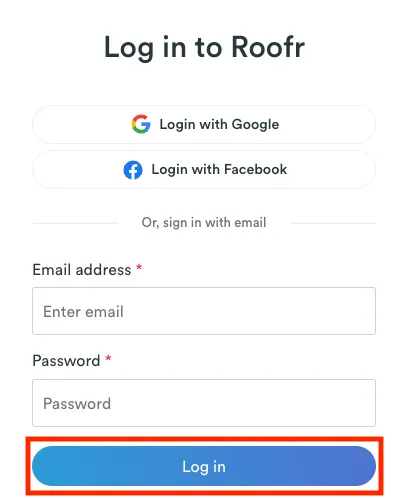 Roofr sign in page with highlighted login button