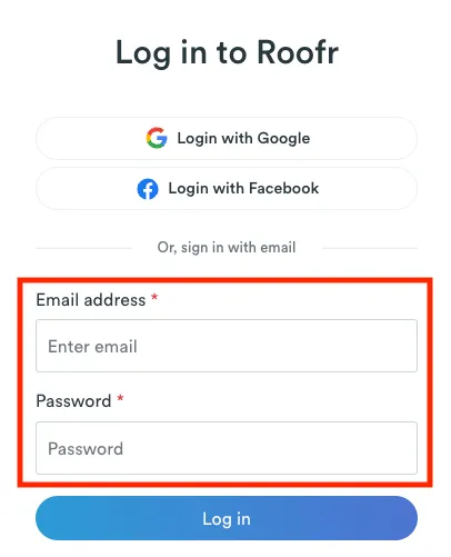 Roofr email login options