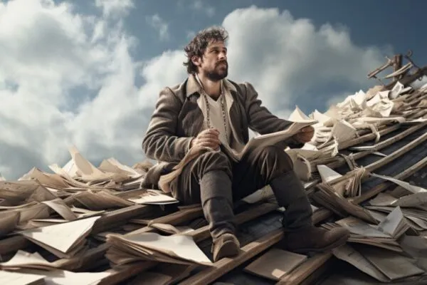 A roofer sitting on a roof with general liability insurance documents