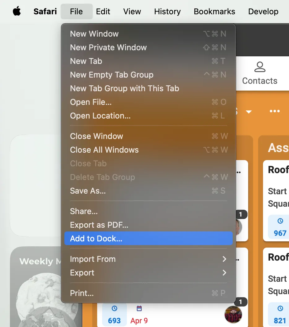 File dropdown for setting JobNimbus as a web app on a Mac