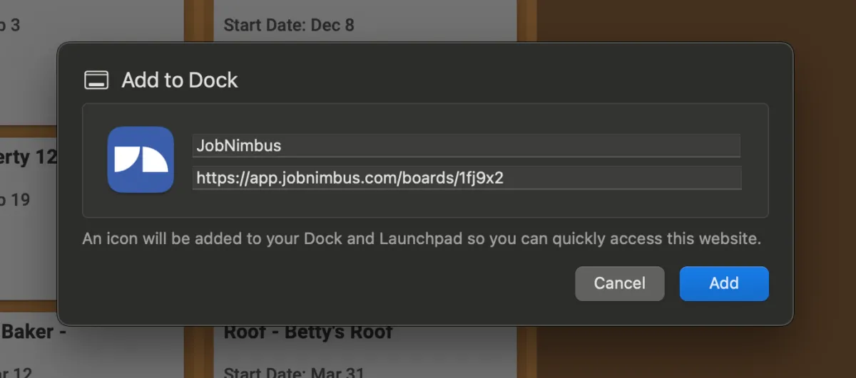 Naming the JobNimbus web app on a Mac computer