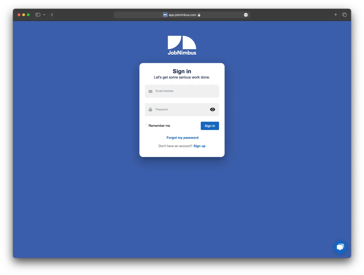 The JobNimbus login screen on Safari