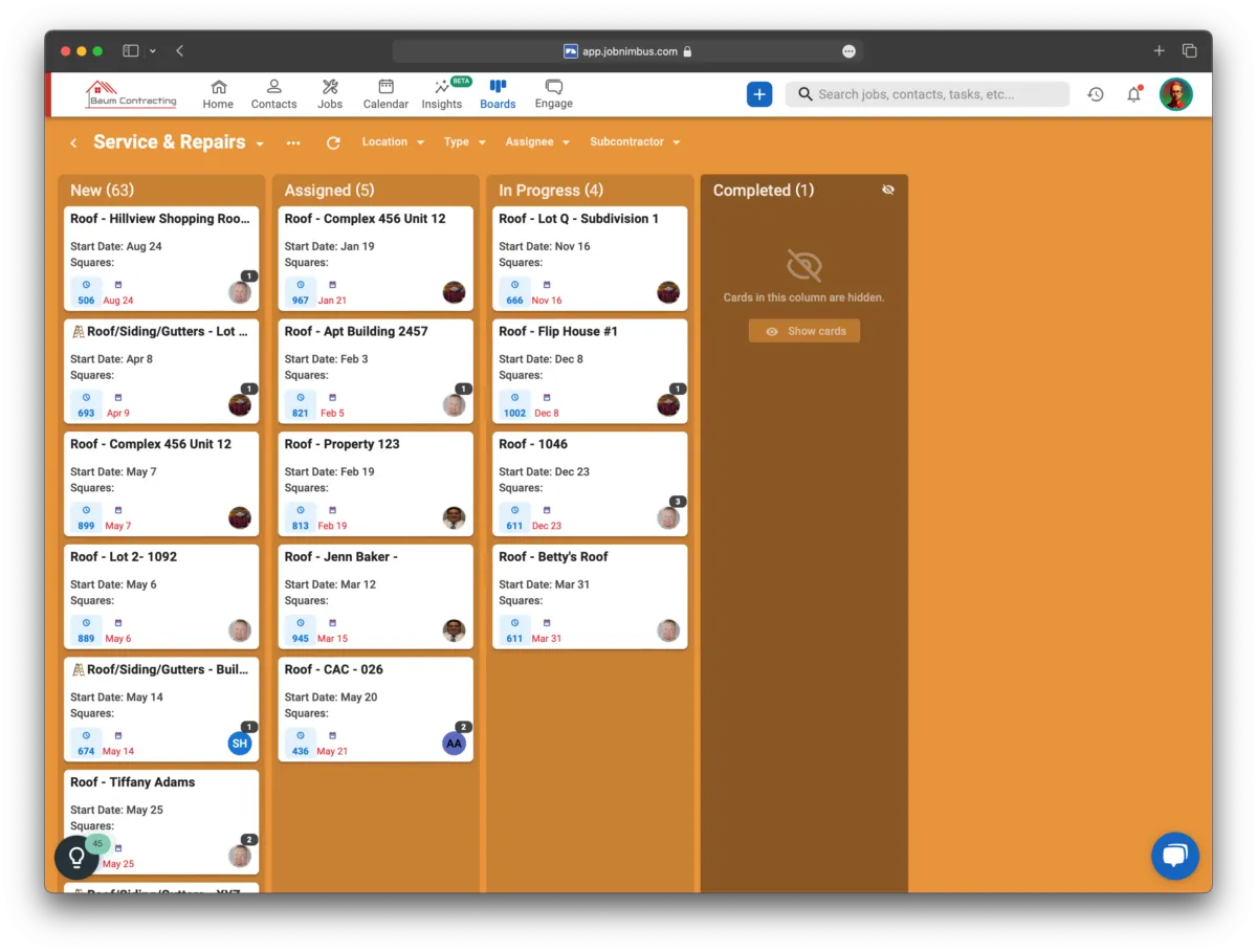 JobNimbus Boards view on a Mac computer