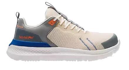 White, gray, and blue Timberland Pro Setra roofing shoes