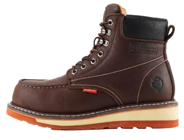 Dark brown leather steel-toe work boots for roofing contractors