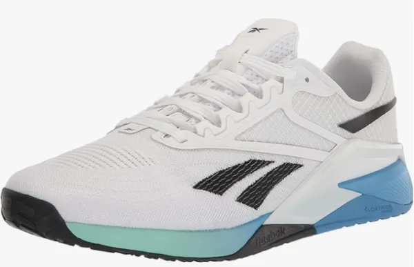 White, blue, and green Reebok Nano roofing shoes