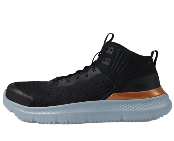 A black and copper roofing shoe that covers the ankle
