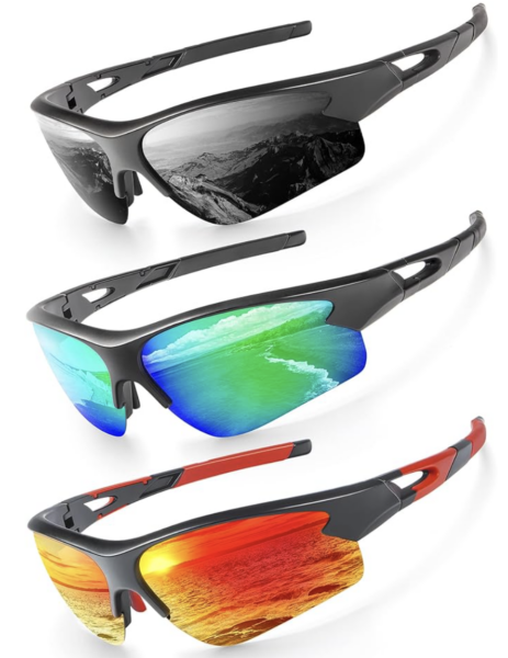 Three pairs of different colored wraparound sunglasses