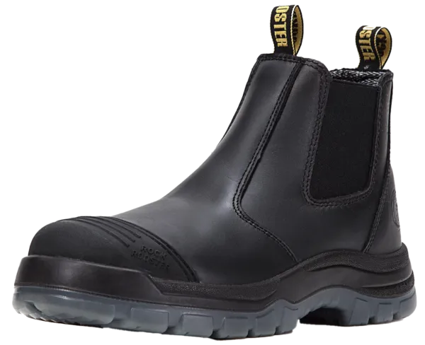 Black leather roofing boots with a steel toe