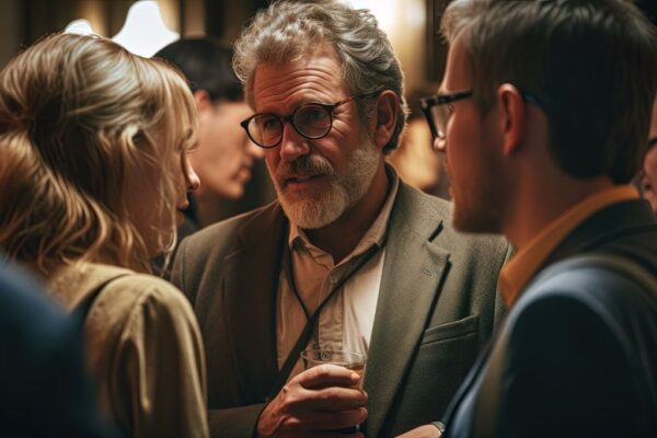 A group of three people talking at a networking event