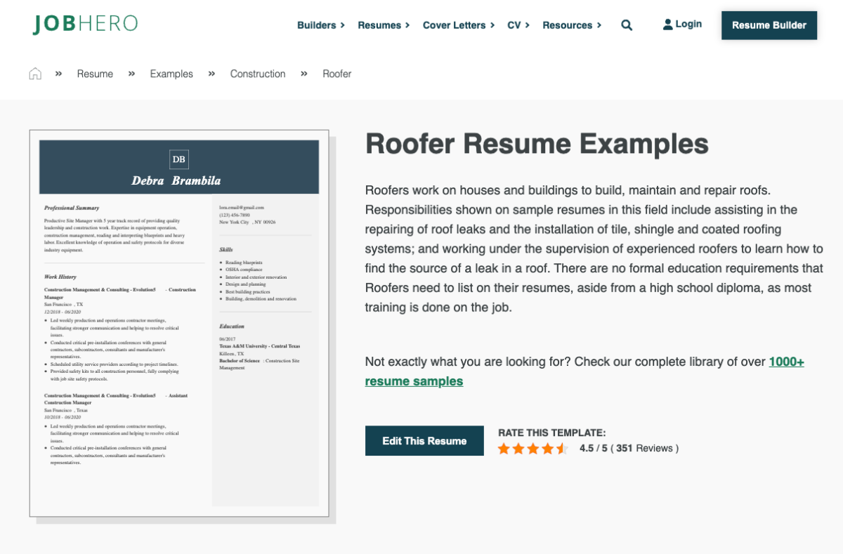 JobHero roofer resume example and template