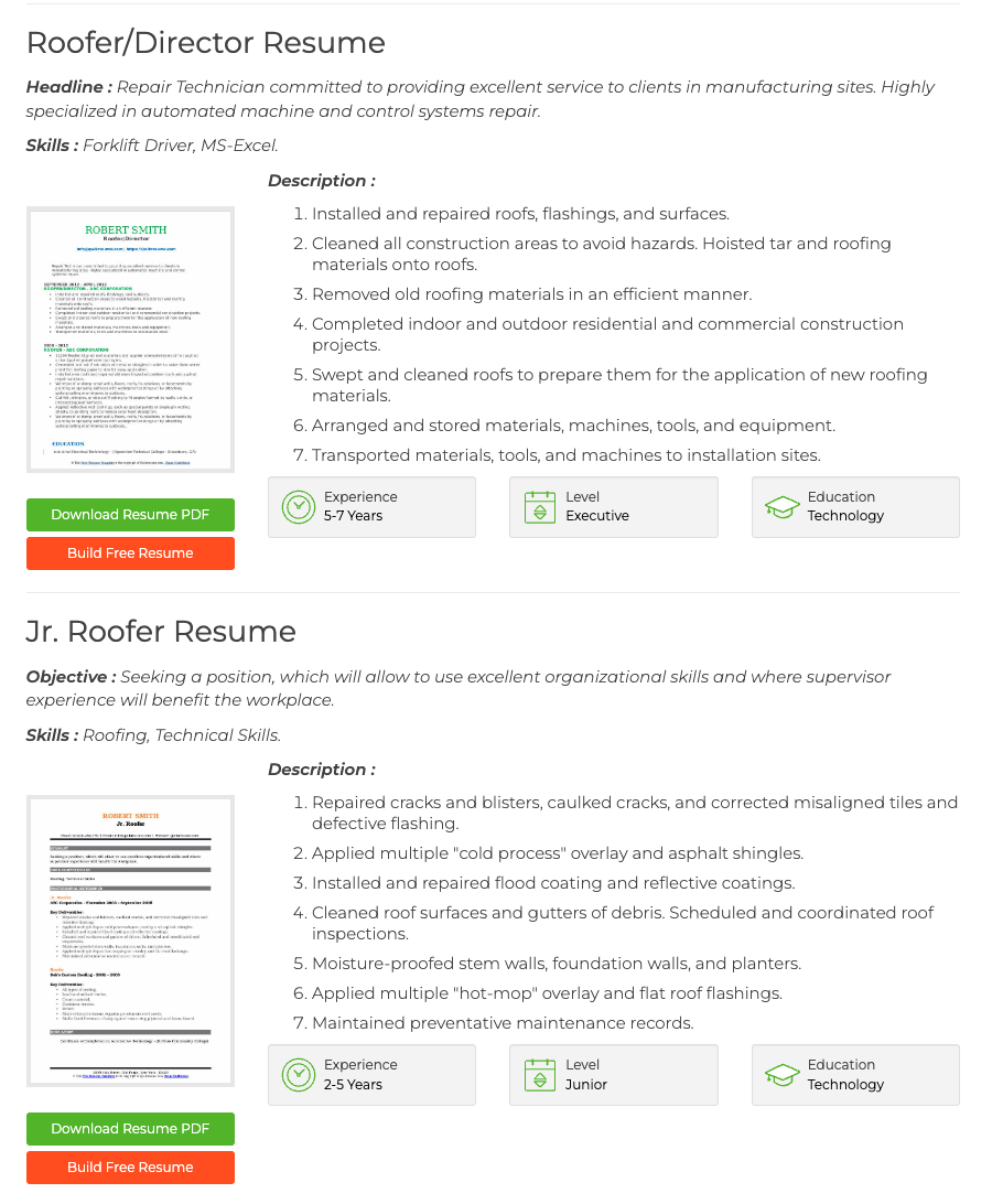 Qwikresume roofer resume examples