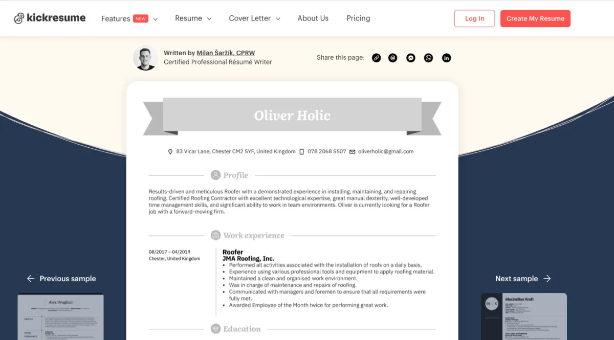 Kickresume roofer resume template