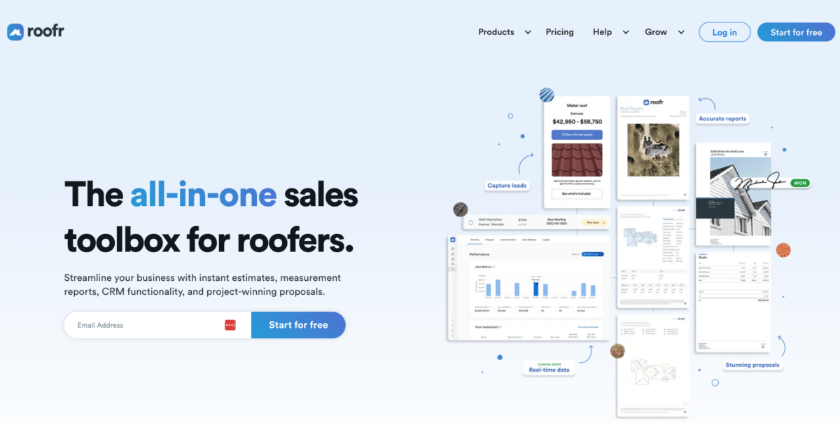 Roofr roofing software home page with login