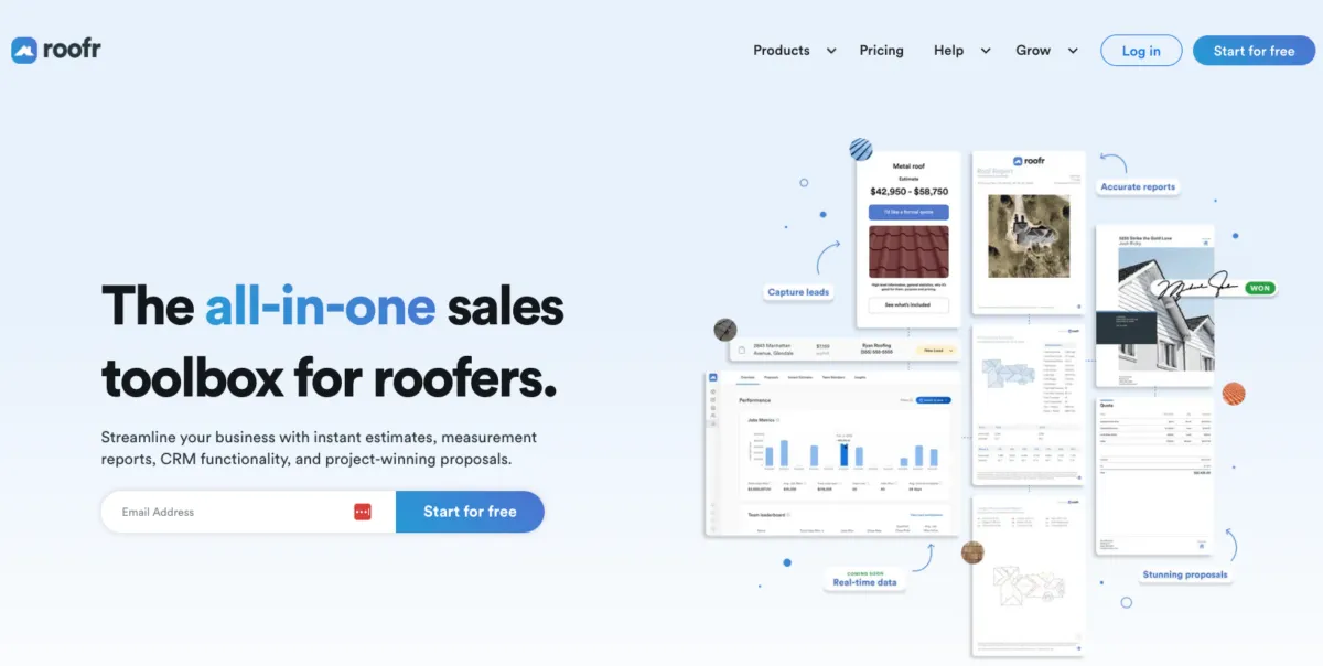 Roofr roofing software home page with login